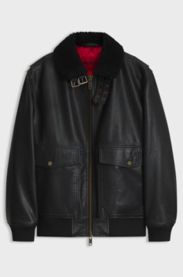Padded leather jacket with shearling details, Black