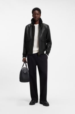 Padded leather jacket with shearling details, Black