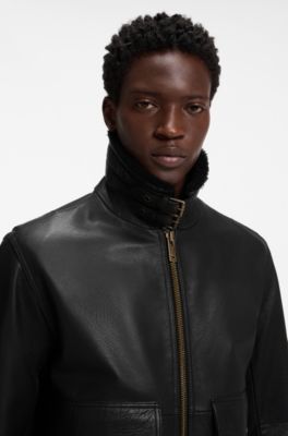 Padded leather jacket with shearling details, Black