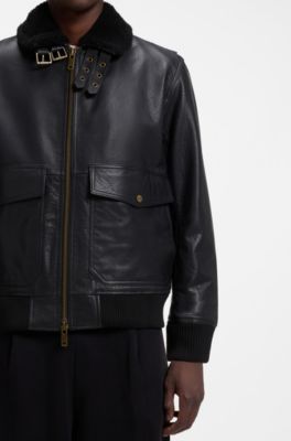 Padded leather jacket with shearling details, Black