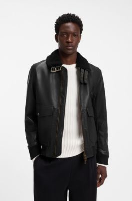 Padded leather jacket with shearling details, Black