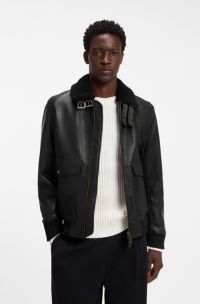 Padded leather jacket with shearling details, Black