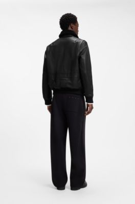 Padded leather jacket with shearling details, Black