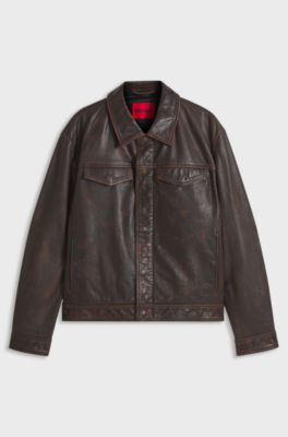 Regular-fit leather jacket with chest pockets, Brown