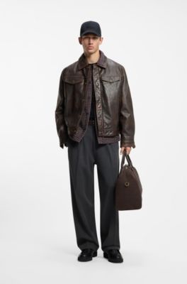 Regular-fit leather jacket with chest pockets, Brown