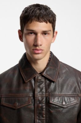 Regular-fit leather jacket with chest pockets, Brown
