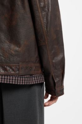 Regular-fit leather jacket with chest pockets, Brown