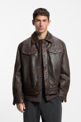 Regular-fit leather jacket with chest pockets, Brown