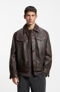 Regular-fit leather jacket with chest pockets, Brown