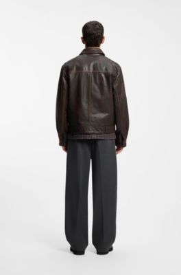 Regular-fit leather jacket with chest pockets, Brown