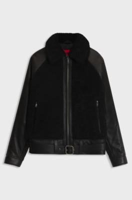 Belted leather jacket with shearling panels, Black