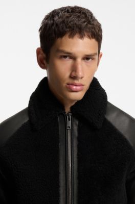 Belted leather jacket with shearling panels, Black