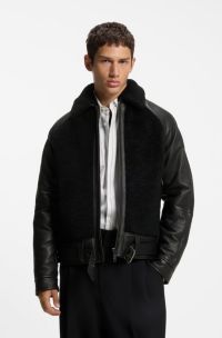 Belted leather jacket with shearling panels, Black