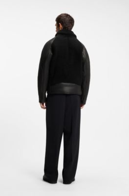 Belted leather jacket with shearling panels, Black