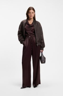 Reversible relaxed-fit bomber in satin and faux fur, Dark Brown