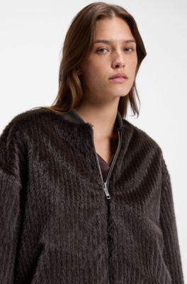 Reversible relaxed-fit bomber in satin and faux fur, Dark Brown