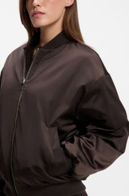 Reversible relaxed-fit bomber in satin and faux fur, Dark Brown