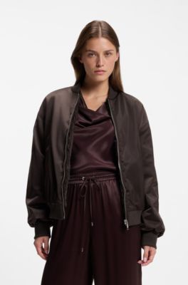 Reversible relaxed-fit bomber in satin and faux fur, Dark Brown