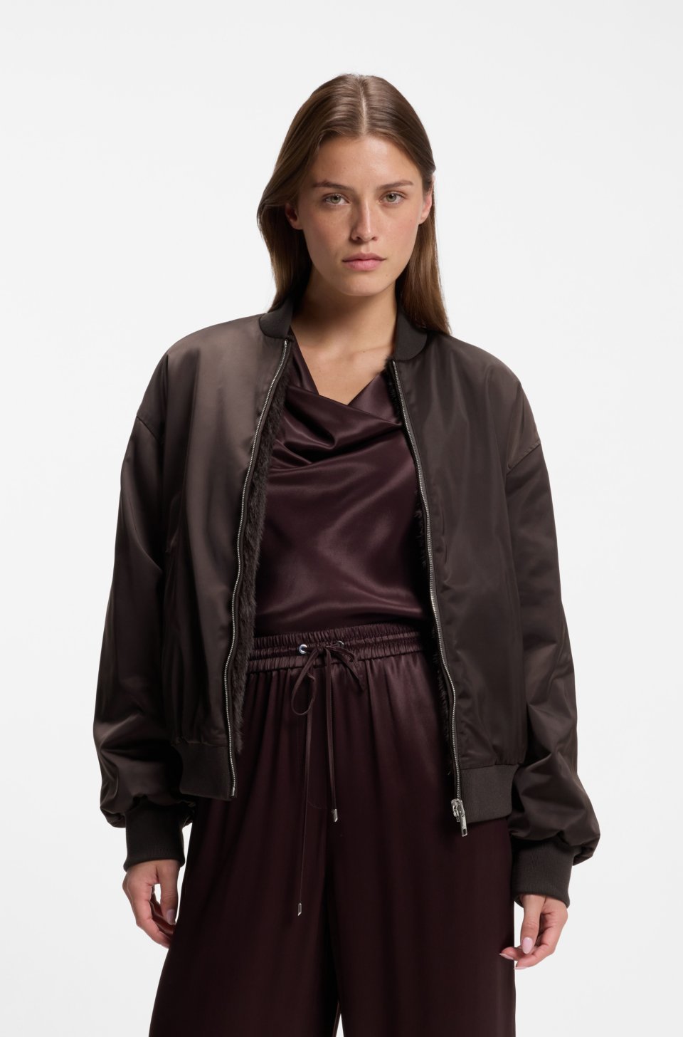Reversible relaxed-fit bomber in satin and faux fur