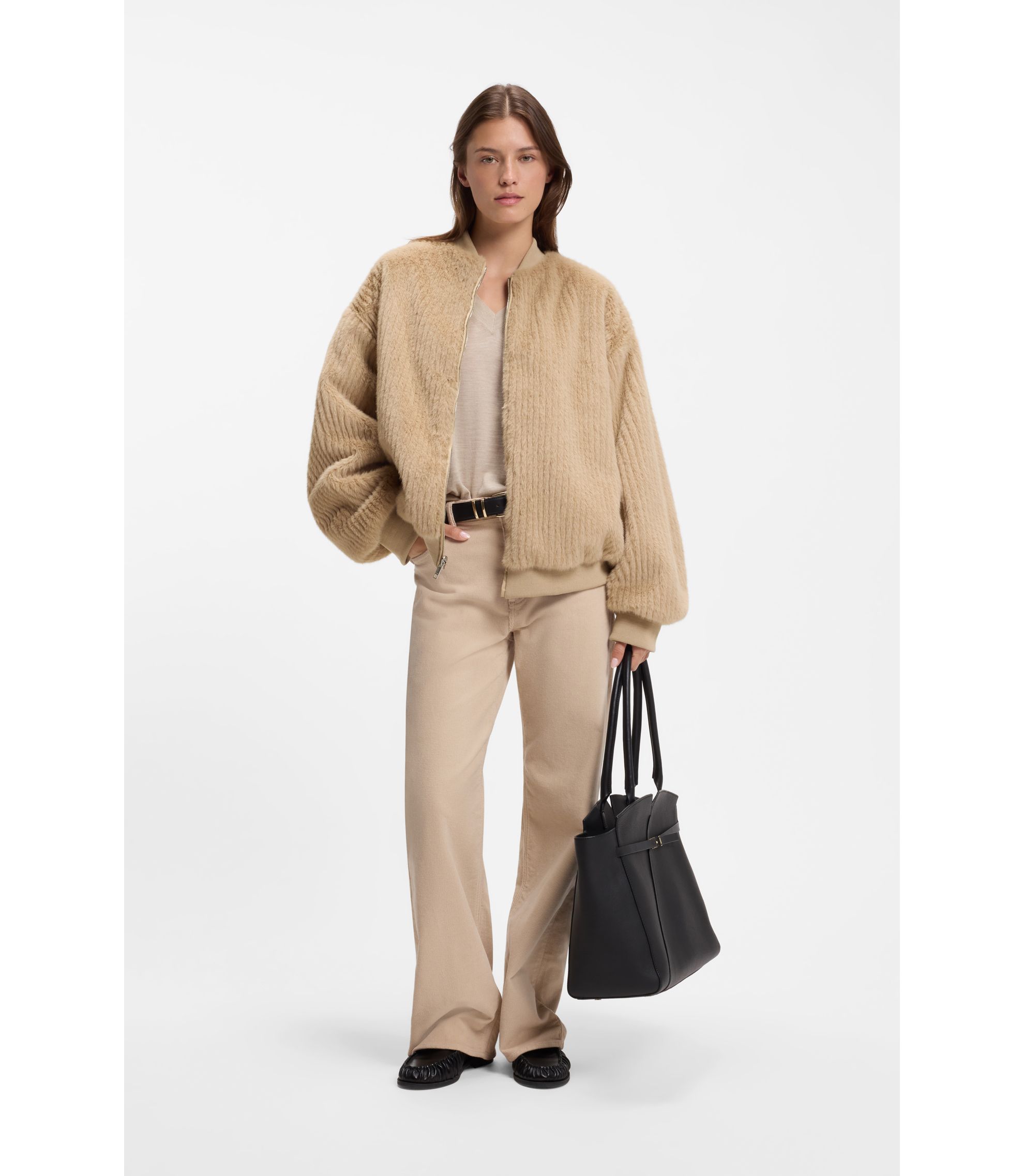BOSS - Reversible relaxed-fit bomber in satin and faux fur - Beige