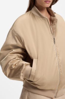 Reversible relaxed-fit bomber in satin and faux fur, Beige
