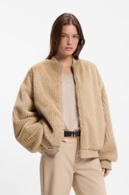 Reversible relaxed-fit bomber in satin and faux fur, Beige