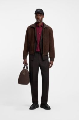Suede jacket with stretch-cotton ribbing, Brown