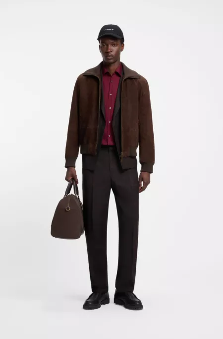 Veste en cuir suédé à finitions côtelées en coton stretch