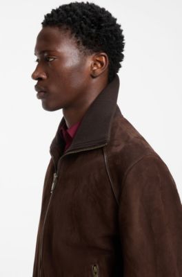 Suede jacket with stretch-cotton ribbing, Brown
