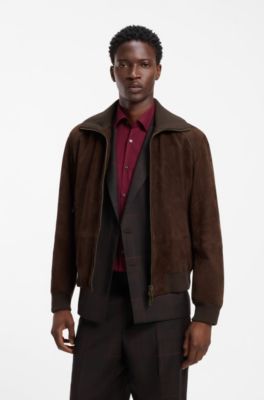 Suede jacket with stretch-cotton ribbing, Brown