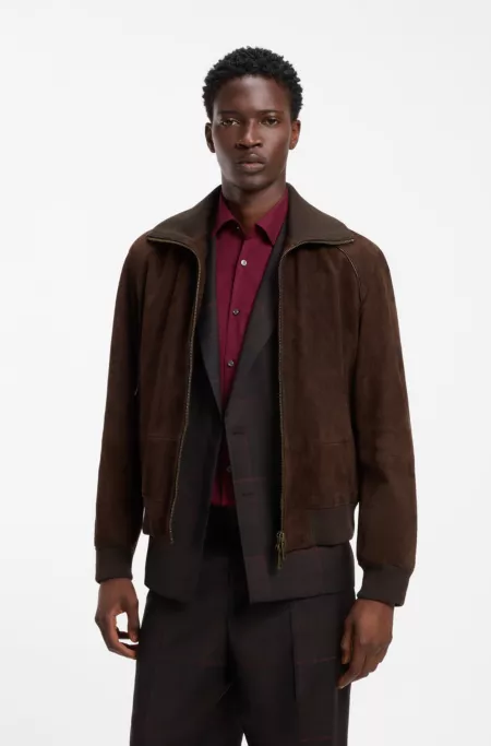 Veste en cuir suédé à finitions côtelées en coton stretch