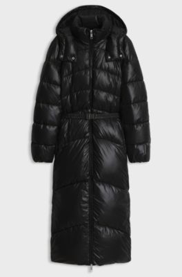 Longline parka jacket with detachable belt, Black