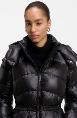Water-repellent belted puffer coat, Black
