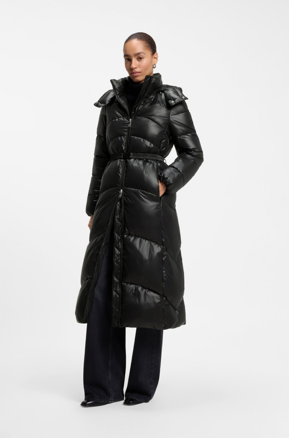 Water-repellent belted puffer coat