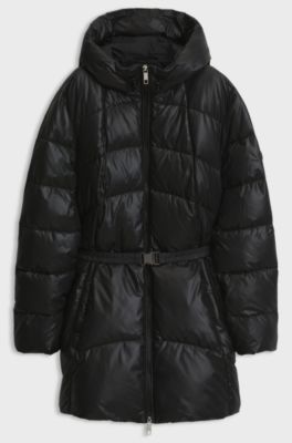 Knee-length hooded jacket with removable belt, Black