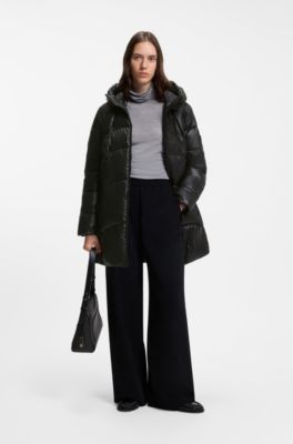 Knee-length hooded jacket with removable belt, Black