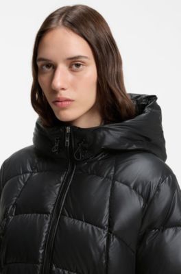 Knee-length hooded jacket with removable belt, Black