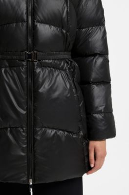Knee-length hooded jacket with removable belt, Black