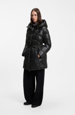 Knee-length hooded jacket with removable belt, Black