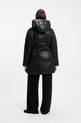 Knee-length hooded jacket with removable belt, Black