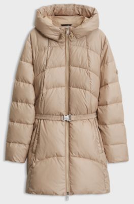 Knee-length hooded jacket with removable belt, Beige