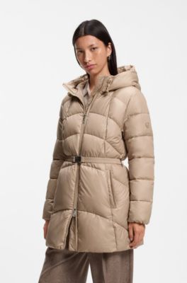 Knee-length hooded jacket with removable belt, Beige