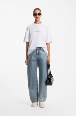 Barrel-fit jeans in indigo denim with iridescent coating, Light Blue