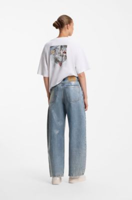 Barrel-fit jeans in indigo denim with iridescent coating, Light Blue