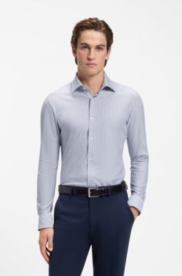 Slim-fit shirt in striped cotton-blend jersey, Blue stripes