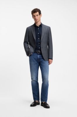 Regular-fit jacket in herringbone cotton and virgin wool, Dark Blue