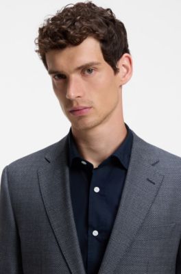 Regular-fit jacket in herringbone cotton and virgin wool, Dark Blue