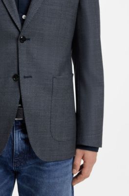 Regular-fit jacket in herringbone cotton and virgin wool, Dark Blue