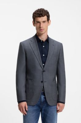 Regular-fit jacket in herringbone cotton and virgin wool, Dark Blue