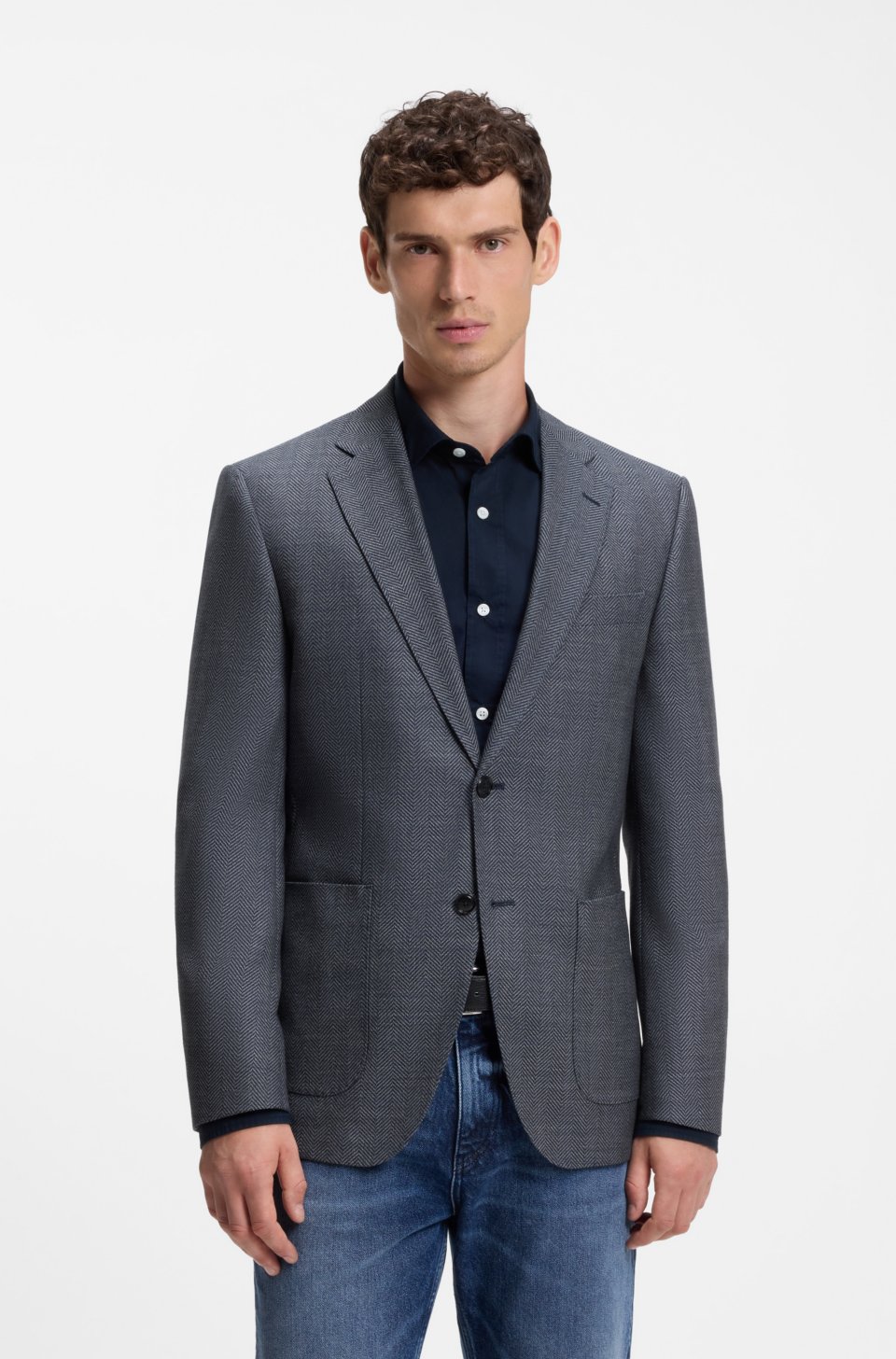 Regular-fit jacket in herringbone cotton and virgin wool
